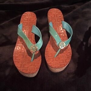 Tory Burch Aqua and Brown Sandals